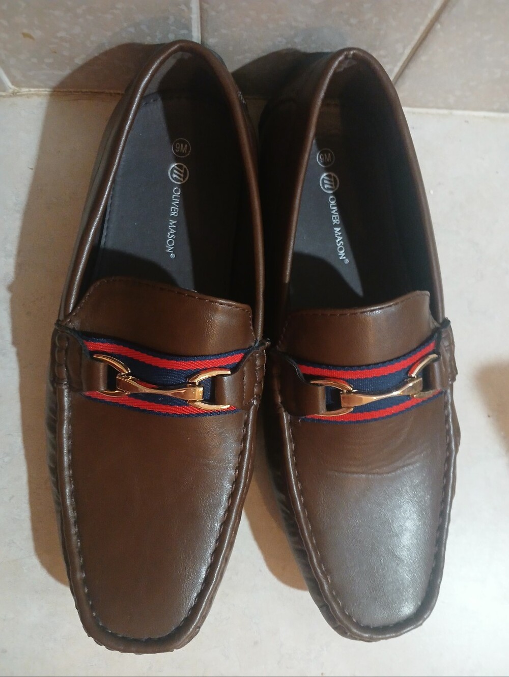 Oliver Mason men's faux leather loafers, brown, & gold tone horsebit detail 9M